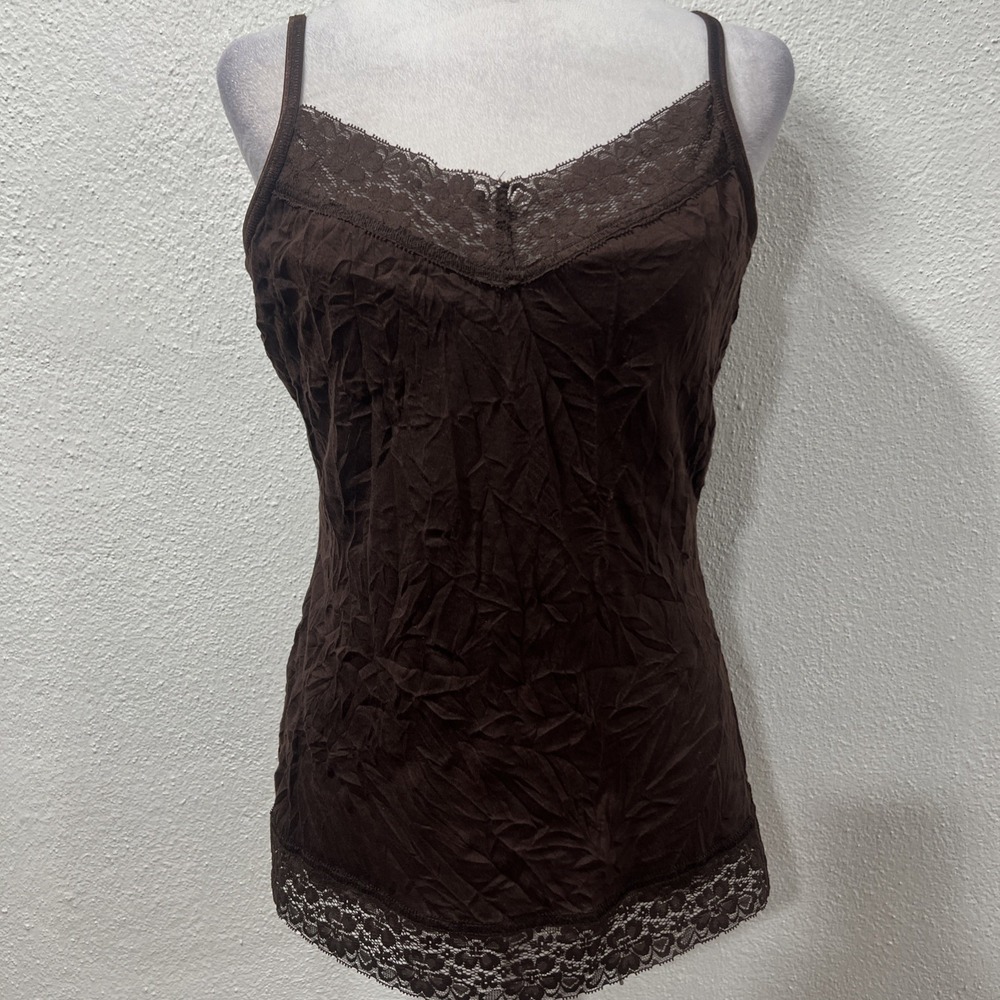 Currants Y2K Lace Trim Brown Tank Top Adjustable Straps Built In Bra Women L